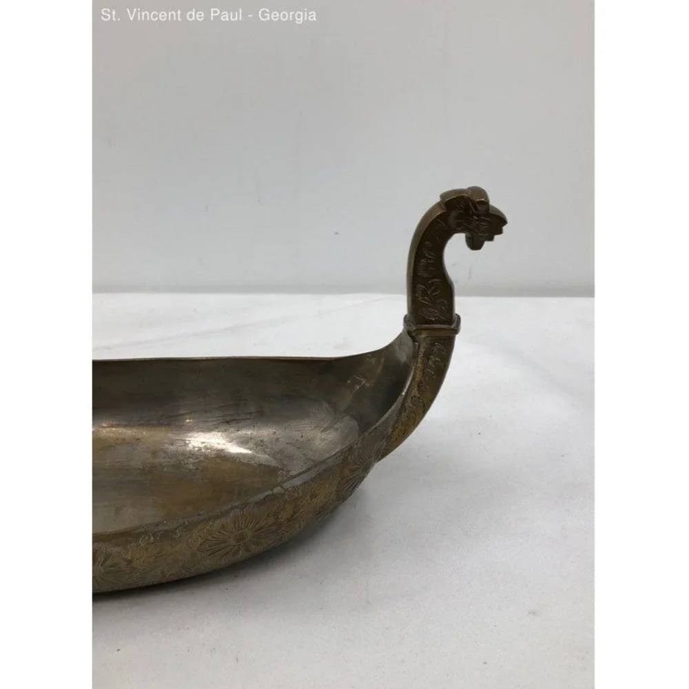 Vintage Mid Century Modern Brass Viking Boat Bowl 16